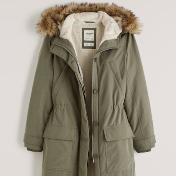 Faux fur lined military parka abercrombie & fitch in olive green - Picture 4 of 8